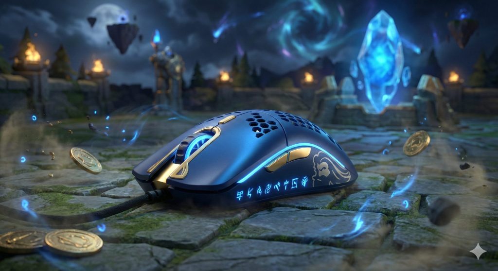 A highly detailed, photorealistic product shot of a Glorious Model O- Minus "Summoner" Edition gaming mouse. The mouse is a deep, Hextech-infused blue with polished gold trim and a glowing internal arcane core, featuring an ergonomic, symmetrical design. Its sides are adorned with intricate, etched patterns of glowing blue magical runes and stylized faction crests from Runeterra. The top features a grid of circular ventilation holes for weight reduction. The mouse is positioned on ancient, moss-covered stone tiles reminiscent of the Summoner's Rift mid-lane, surrounded by rising arcane motes of light, drifting magical energy dust, and scattered gold coins. In the background, there are blurred towering stone defensive turrets and a massive, glowing blue Nexus crystal in the distance under a dramatic sky filled with swirling magical energies and floating islands. The overall lighting is vibrant and magical, with a rich royal blue, gold, and purple color palette, creating a legendary, high-stakes, and fantastical atmospheric scene. The image has a cinematic quality, designed to evoke a sense of competitive glory and arcane power associated with the League of Legends theme.