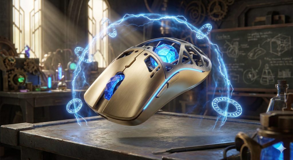 A highly detailed, cinematic macro shot of a Glorious Model O- Minus "Hextech" Edition gaming mouse. The mouse shell is not plastic, but constructed from polished Piltover brass and matte gold plating, featuring an open-chassis design that reveals a pulsing, raw blue Hex-Crystal core inside. The scroll wheel is a precision-cut sapphire gemstone. The mouse is levitating slightly in mid-air, suspended by a localized magnetic field, surrounded by arcing ripples of unstable blue arcane electricity and floating geometric rune-rings. In the background, there is the blurred, vast interior of Jayce’s Laboratory in Piltover, with large chalkboard diagrams and glowing containment fields under shafts of god-ray sunlight piercing through high art-deco windows. The overall lighting is ethereal and volatile, with a brilliant cyan, polished gold, and deep bronze color palette, creating a revolutionary, scientifically magical, and masterpiece atmosphere. The image has a standard-defying quality, designed to evoke the wonder of invention and the instability of raw magic associated with the Arcane/League of Legends universe.