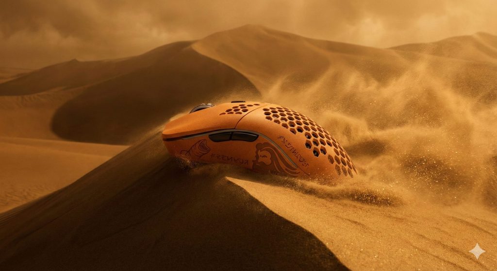 A highly detailed, photorealistic product shot of a Glorious Model O- Minus "Arrakis" Edition gaming mouse. The mouse is a dusty, textured deep orange spice-melange color, featuring an ergonomic, symmetrical design. Its sides are adorned with intricate, etched patterns of abstract sandworm segments and angular, geometric Fremen designs. The top features a grid of circular ventilation holes for weight reduction. The mouse is positioned on the sharp crest of a massive sand dune, surrounded by intense, whipping desert wind carrying heavy clouds of fine sand and glittering spice grains. In the background, there are immense, monolithic dunes rolling to the horizon under an oppressive, haze-filled sky. The overall lighting is cinematic and heavily monochromatic golden-orange, with deep, long shadows, creating a vast, dense, and inhospitable atmosphere. The image has a epic cinematic quality, designed to evoke the overwhelming scale and oppressive heat associated with the "Dune" film aesthetic.