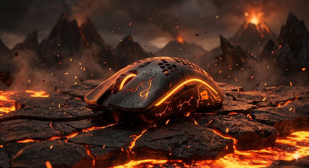 A highly detailed, photorealistic product shot of a Glorious Model O- Minus "Inferno" Edition gaming mouse. The mouse is charred black with internal orange glows, featuring an ergonomic, symmetrical design. Its sides are adorned with intricate, etched patterns of stylized flames and glowing magma cracks. The top features a grid of circular ventilation holes for weight reduction. The mouse is positioned on a rough, cracked obsidian surface with molten lava flowing beneath, surrounded by rising sparks and drifting ash. In the background, there are dark, jagged volcanic peaks under a dramatic, smoke-filled sky illuminated by distant eruptions. The overall lighting is intense and warm, with an orange, deep red, and black color palette, creating a scorching, fantastical, and atmospheric scene. The image has a cinematic quality, designed to evoke a sense of power and mystique associated with the fire theme.