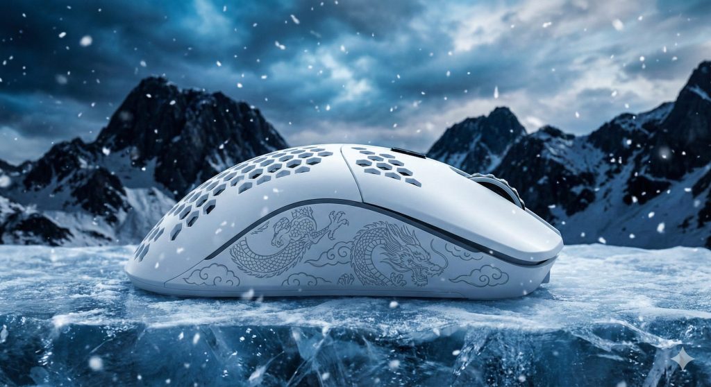 A highly detailed, photorealistic product shot of a Glorious Model O- Minus "Dragon" Edition gaming mouse. The mouse is white with an ergonomic, symmetrical design. Its sides are adorned with intricate, etched patterns of stylized dragons intertwined with swirling clouds. The top features a grid of circular ventilation holes for weight reduction. The mouse is positioned on a smooth, icy surface, surrounded by falling snowflakes. In the background, there are dark, jagged, snow-covered mountains under a dramatic, stormy sky with swirling clouds. The overall lighting is cool and moody, with a blue and white color palette, creating a cold, fantastical, and atmospheric scene. The image has a cinematic quality, designed to evoke a sense of power and mystique associated with the dragon theme.