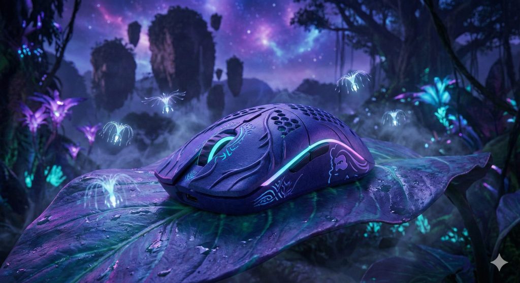  A highly detailed, photorealistic product shot of a Glorious Model O- Minus "Pandora" Edition gaming mouse. The mouse is a deep, organic indigo blue with a textured, almost plant-like finish, featuring an ergonomic, symmetrical design. Its sides are adorned with intricate, etched patterns of glowing bioluminescent dots and swirling vein-like markings that pulse with cyan and purple light, mimicking Na'vi skin patterns. The top features a grid of circular ventilation holes for weight reduction. The mouse is positioned on a massive, wet, bioluminescent leaf covered in alien moss, surrounded by drifting, glowing Woodsprite seeds (Atokirina) and faint purple mist. In the background, there are silhouetted floating mountains and massive, glowing ancient trees under a perpetual twilight sky filled with alien nebulae. The overall lighting is dark but vibrantly illuminated by the environment itself, with a neon blue, electric purple, and vibrant teal color palette, creating a mystical, wondrous, and alien atmospheric scene. The image has a cinematic quality, designed to evoke a sense of deep connection and awe associated with the Avatar Pandora theme.