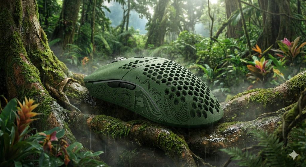 A highly detailed, photorealistic product shot of a Glorious Model O- Minus "Canopy" Edition gaming mouse. The mouse is a deep, textured moss-green with a matte finish, featuring an ergonomic, symmetrical design. Its sides are adorned with intricate, etched patterns of twisting tropical vines, dense fern leaves, and stylized jungle fauna. The top features a grid of circular ventilation holes for weight reduction. The mouse is positioned on a wet, moss-covered ancient tree root, surrounded by falling raindrops and rising mist. In the background, there is dense, overgrown rainforest foliage and towering canopy trees under a humid sky with dappled sunlight filtering through the leaves. The overall lighting is diffused and lush, with a deep green, earthy brown, and vibrant jungle floral color palette, creating a humid, fantastical, and atmospheric scene. The image has a cinematic quality, designed to evoke a sense of wild growth and mystery associated with the rainforest theme.