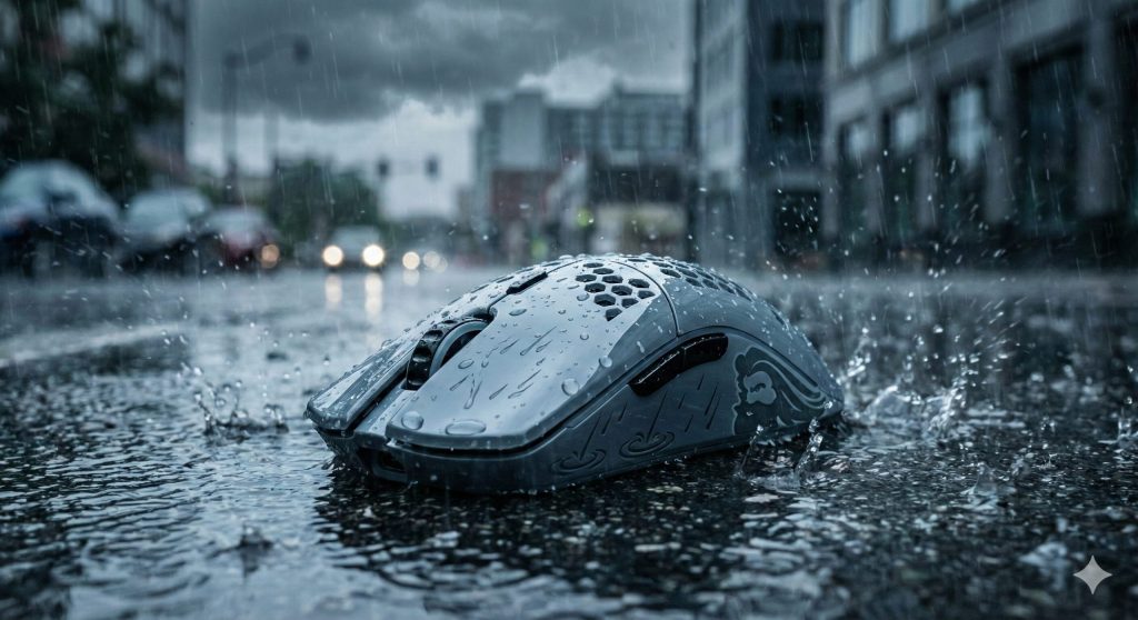 A highly detailed, photorealistic product shot of a Glorious Model O- Minus "Downpour" Edition gaming mouse. The mouse is a sleek, glossy slate grey, covered in realistic water beads, featuring an ergonomic, symmetrical design. Its sides are adorned with intricate, etched patterns of stylized falling rain streaks and water ripple effects. The top features a grid of circular ventilation holes for weight reduction. The mouse is positioned on a soaking wet, reflective asphalt puddle, surrounded by heavy, splashing raindrops crashing onto the surface and rising mist. In the background, there are blurred, rain-soaked urban structures and distant city lights obscured by the deluge under a torrential, dark stormy sky. The overall lighting is dim, cool, and dramatic, with a desaturated blue, steel grey, and deep black color palette, creating a somber, intense, and atmospheric scene. The image has a cinematic quality, designed to evoke a sense of raw elements and resilience associated with the pouring rain theme.