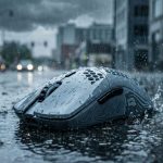 A highly detailed, photorealistic product shot of a Glorious Model O- Minus "Downpour" Edition gaming mouse. The mouse is a sleek, glossy slate grey, covered in realistic water beads, featuring an ergonomic, symmetrical design. Its sides are adorned with intricate, etched patterns of stylized falling rain streaks and water ripple effects. The top features a grid of circular ventilation holes for weight reduction. The mouse is positioned on a soaking wet, reflective asphalt puddle, surrounded by heavy, splashing raindrops crashing onto the surface and rising mist. In the background, there are blurred, rain-soaked urban structures and distant city lights obscured by the deluge under a torrential, dark stormy sky. The overall lighting is dim, cool, and dramatic, with a desaturated blue, steel grey, and deep black color palette, creating a somber, intense, and atmospheric scene. The image has a cinematic quality, designed to evoke a sense of raw elements and resilience associated with the pouring rain theme.