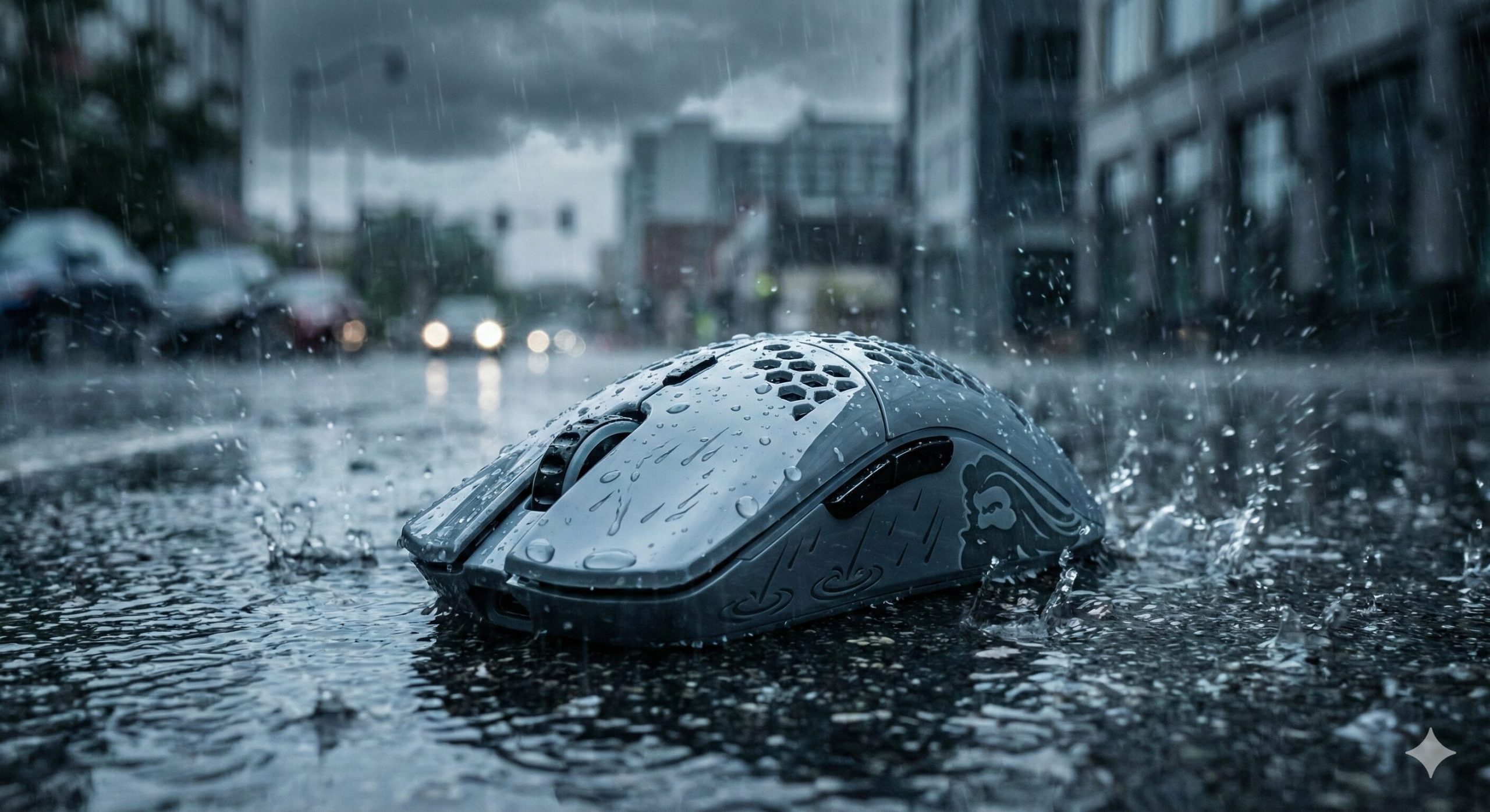 A highly detailed, photorealistic product shot of a Glorious Model O- Minus "Downpour" Edition gaming mouse. The mouse is a sleek, glossy slate grey, covered in realistic water beads, featuring an ergonomic, symmetrical design. Its sides are adorned with intricate, etched patterns of stylized falling rain streaks and water ripple effects. The top features a grid of circular ventilation holes for weight reduction. The mouse is positioned on a soaking wet, reflective asphalt puddle, surrounded by heavy, splashing raindrops crashing onto the surface and rising mist. In the background, there are blurred, rain-soaked urban structures and distant city lights obscured by the deluge under a torrential, dark stormy sky. The overall lighting is dim, cool, and dramatic, with a desaturated blue, steel grey, and deep black color palette, creating a somber, intense, and atmospheric scene. The image has a cinematic quality, designed to evoke a sense of raw elements and resilience associated with the pouring rain theme.