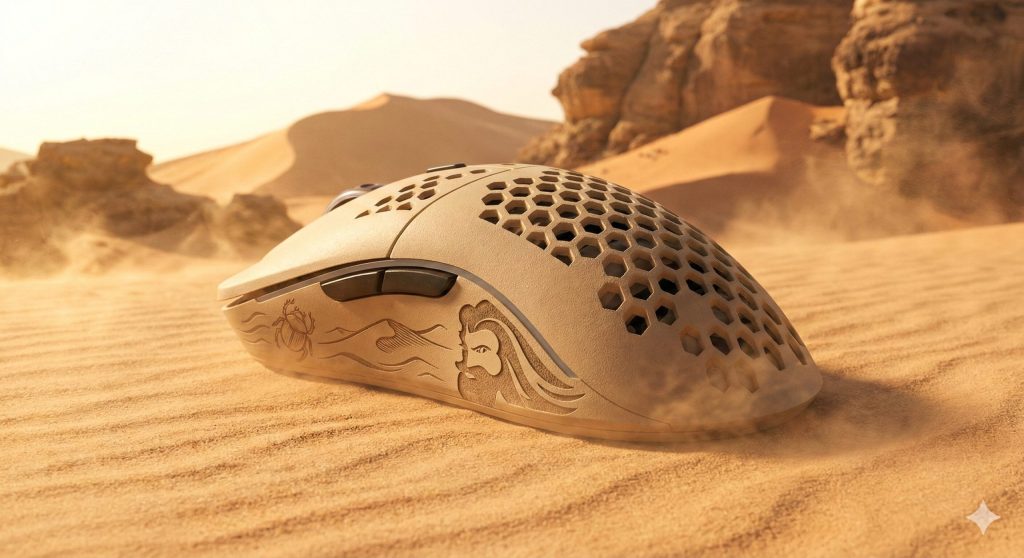  A highly detailed, photorealistic product shot of a Glorious Model O- Minus "Dune" Edition gaming mouse. The mouse is a matte, textured sandstone beige, featuring an ergonomic, symmetrical design. Its sides are adorned with intricate, etched patterns of windswept sand ripples and ancient, stylized scarab beetles. The top features a grid of circular ventilation holes for weight reduction. The mouse is positioned on fine, rippled desert sand, surrounded by drifting dust grains and shimmering heat haze. In the background, there are towering sand dunes and weathered rock formations under a bright, relentless desert sky. The overall lighting is harsh and warm (golden hour), with an ochre, orange, and deep shadow color palette, creating an arid, fantastical, and atmospheric scene. The image has a cinematic quality, designed to evoke a sense of vastness and endurance associated with the desert theme.