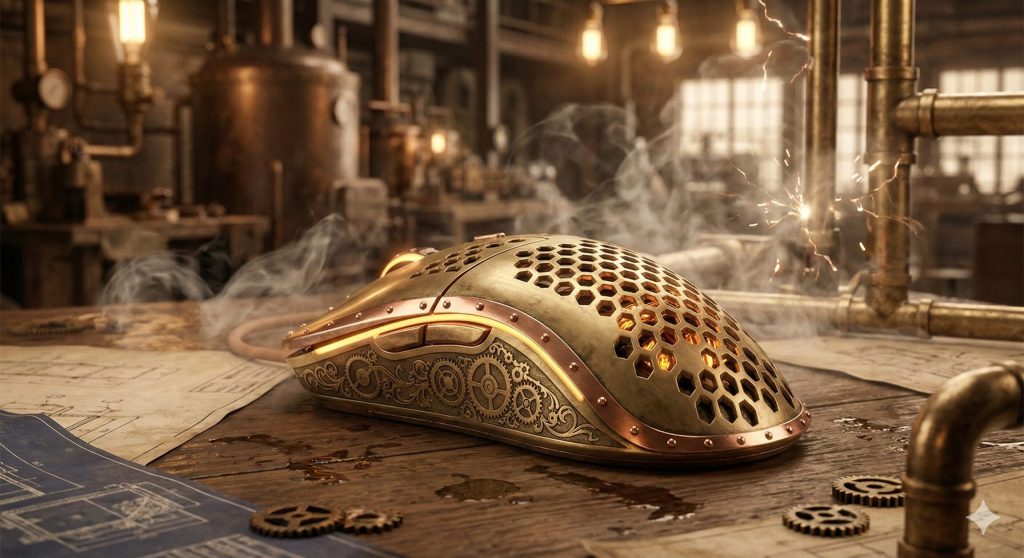 A highly detailed, photorealistic product shot of a Glorious Model O- Minus "Aether" Edition gaming mouse. The mouse is constructed from aged brass plating with polished copper accents and visible miniature rivets, featuring an ergonomic, symmetrical design. Its sides are adorned with intricate, etched patterns of interlocking clockwork gears, exposed spring mechanisms, and Victorian filigree. The top features a grid of circular ventilation holes for weight reduction, partially revealing glowing vacuum tubes underneath. The mouse is positioned on an oil-stained wooden workshop bench covered in scattered blueprints and tiny cogs, surrounded by wisps of white steam escaping from brass pipes and faint electrical sparks. In the background, there is a blurred interior of a bustling Victorian inventor's laboratory filled with large boilers and complex machinery under warm, tungsten light supplied by Edison bulbs. The overall lighting is warm and rich, with a sepia, bronze, deep brown, and amber color palette, creating an industrial, inventive, and antique atmospheric scene. The image has a cinematic quality, designed to evoke a sense of mechanical wonder and retro-futurism associated with the Steampunk theme.
